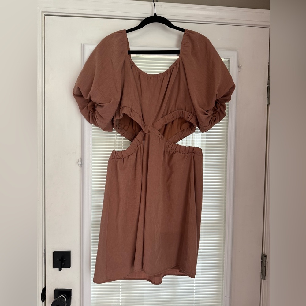 And Now This Puff Sleeve Cutout Midi Dress - Tan